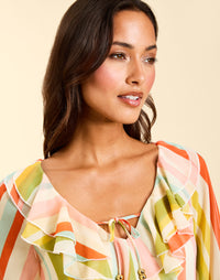 Bimini Ruffle Caftan Mini Dress in Paradise Stripe chiffon with cascading ruffles, tie neckline, and flowy mini silhouette.
