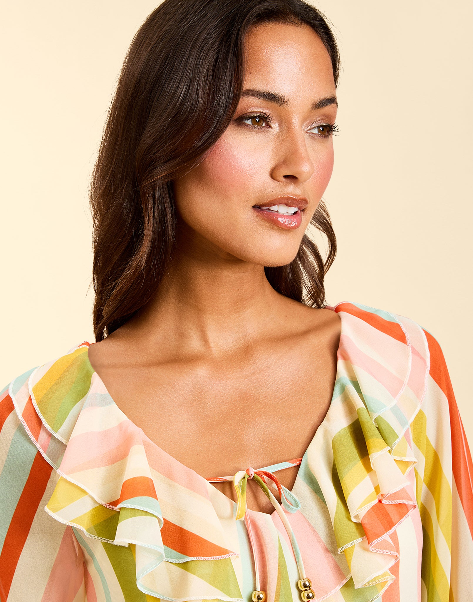 Bimini Ruffle Caftan Mini Dress in Paradise Stripe chiffon with cascading ruffles, tie neckline, and flowy mini silhouette.