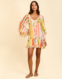Bimini Ruffle Caftan Mini Dress in Paradise Stripe chiffon with cascading ruffles, tie neckline, and flowy mini silhouette.