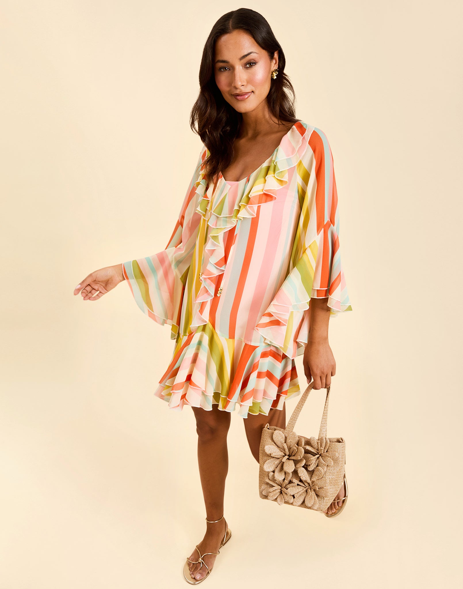 Bimini Ruffle Caftan Mini Dress in Paradise Stripe chiffon with cascading ruffles, tie neckline, and flowy mini silhouette.