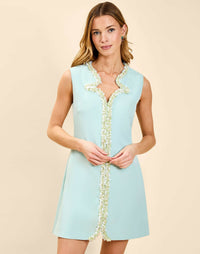 Blair Mini Dress in Aquarelle Blue with scalloped beaded neckline, sleeveless suiting crepe mini dress with pockets.