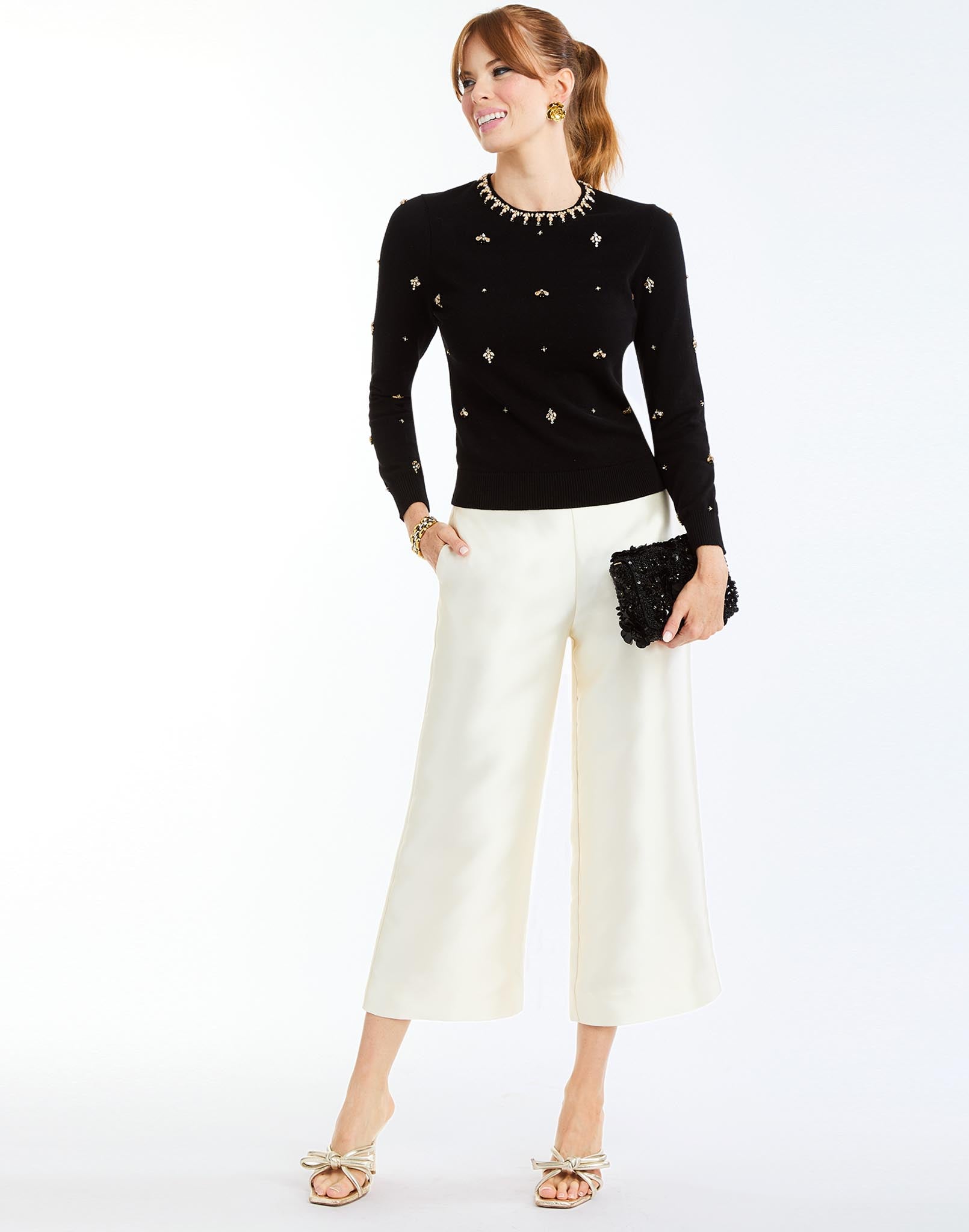 Phoebe Embellished Sweater in Beaded Black front – knit sweater with beaded collar, sleeves, and front bodice by Mestiza New York.