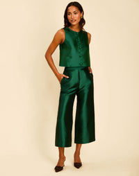 Blake Pants in Emerald Green with a high waist and cropped wide-leg silhouette.