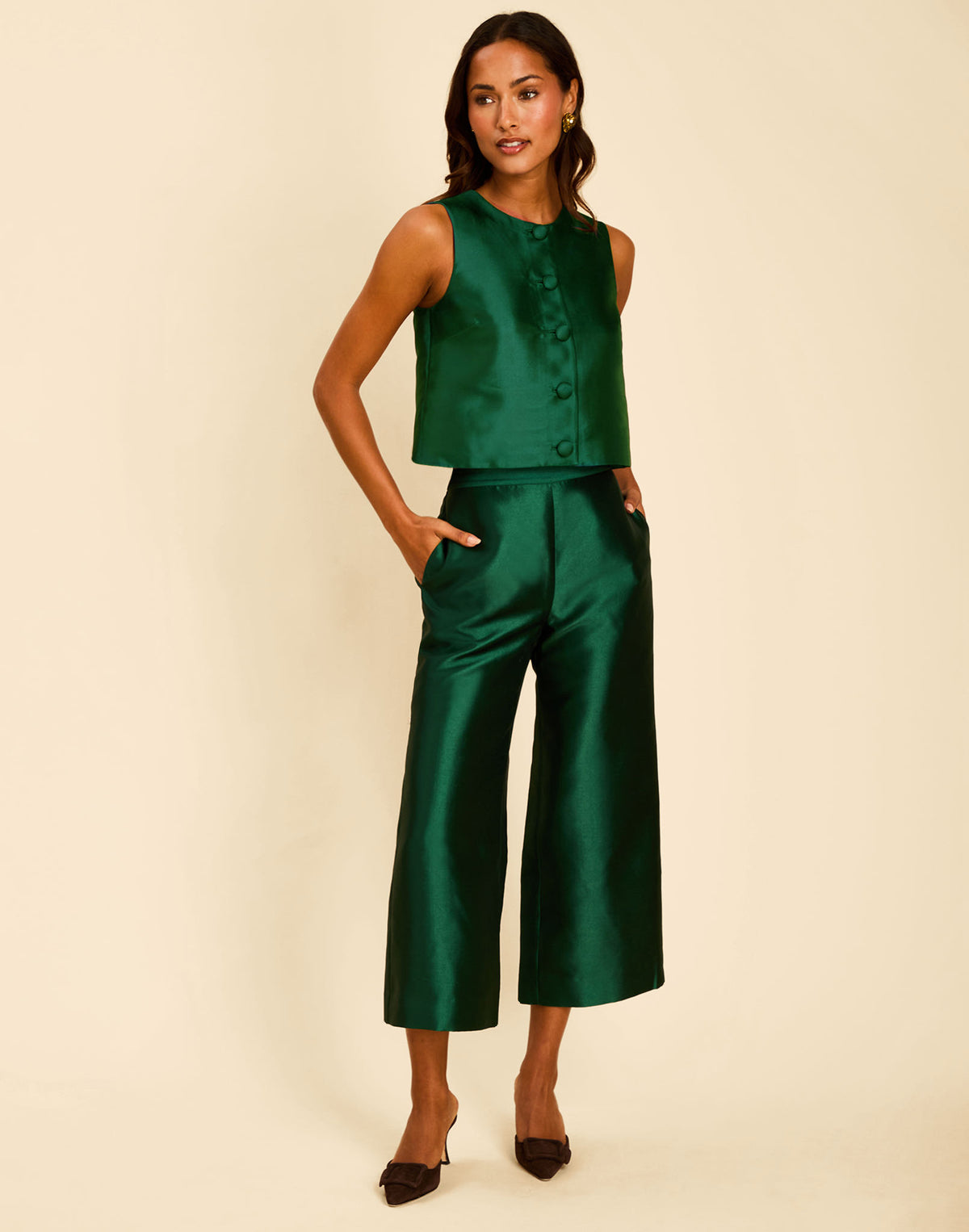 Blake Pants in Emerald Green with a high waist and cropped wide-leg silhouette.
