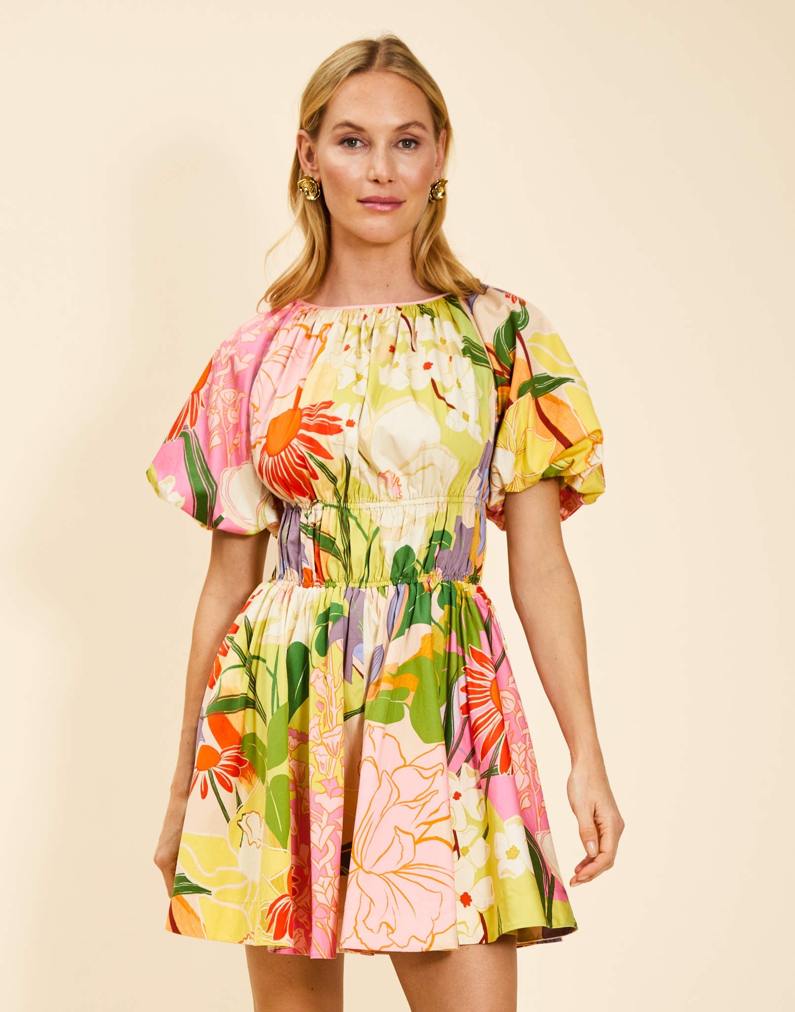 Breakfast Smocked Mini Dress in Primrose Midnight poplin with boat neckline, smocked bodice, balloon sleeves, and side pockets.