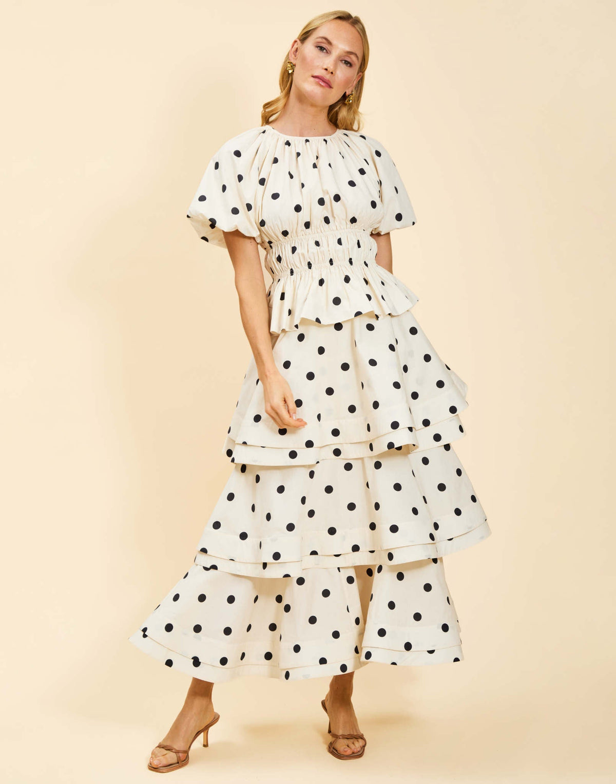 Bohemia Convertible Circle Skirt in Polka Dot cotton poplin with tiered silhouette, removable lengths, and flared horsehair hems.
