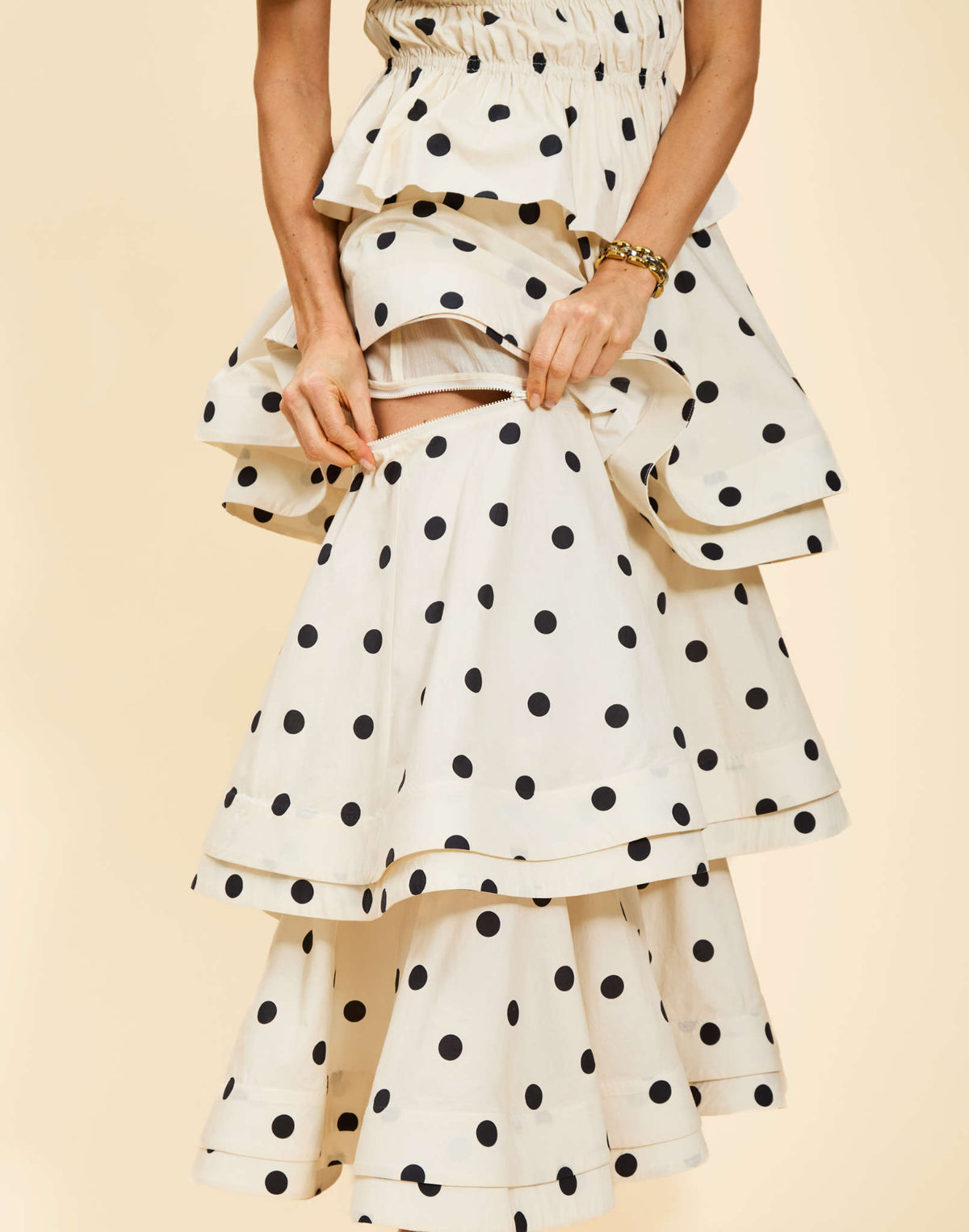 Bohemia Convertible Circle Skirt in Polka Dot cotton poplin with tiered silhouette, removable lengths, and flared horsehair hems.