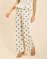 Taylor Pant in Polka Dot poplin with high-waisted fit, modern flare-leg silhouette, front fly zipper, and side pockets.