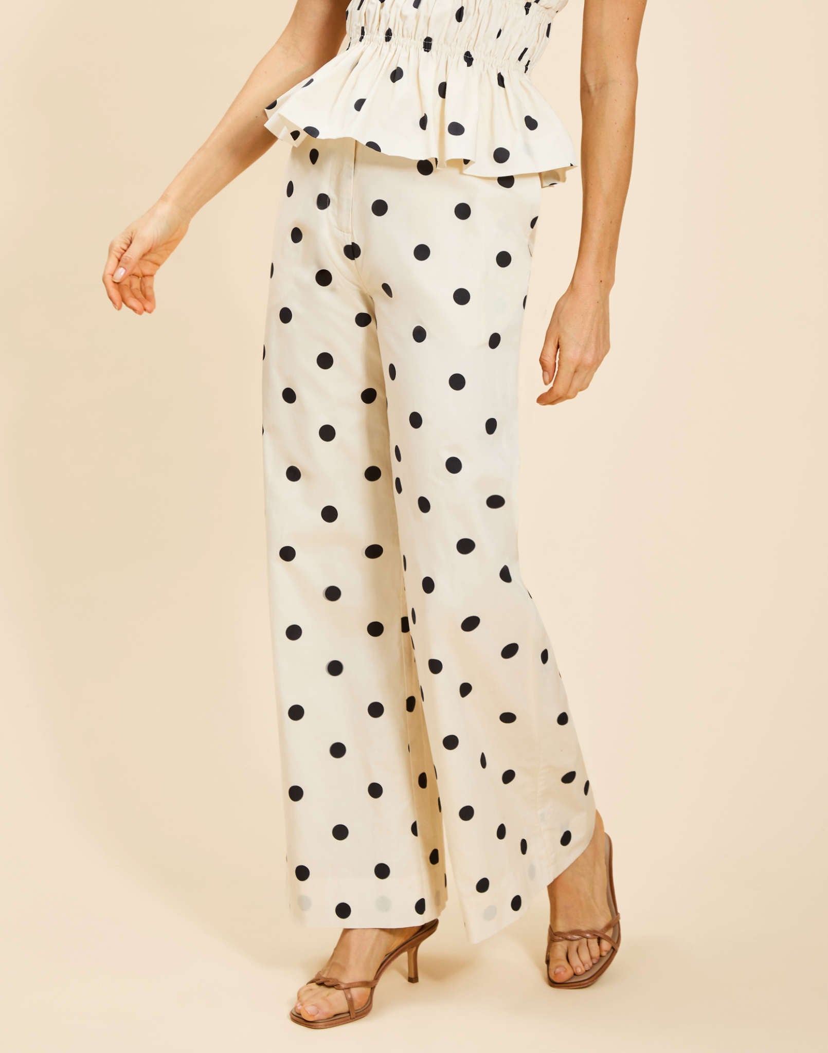 Taylor Pant in Polka Dot poplin with high-waisted fit, modern flare-leg silhouette, front fly zipper, and side pockets.