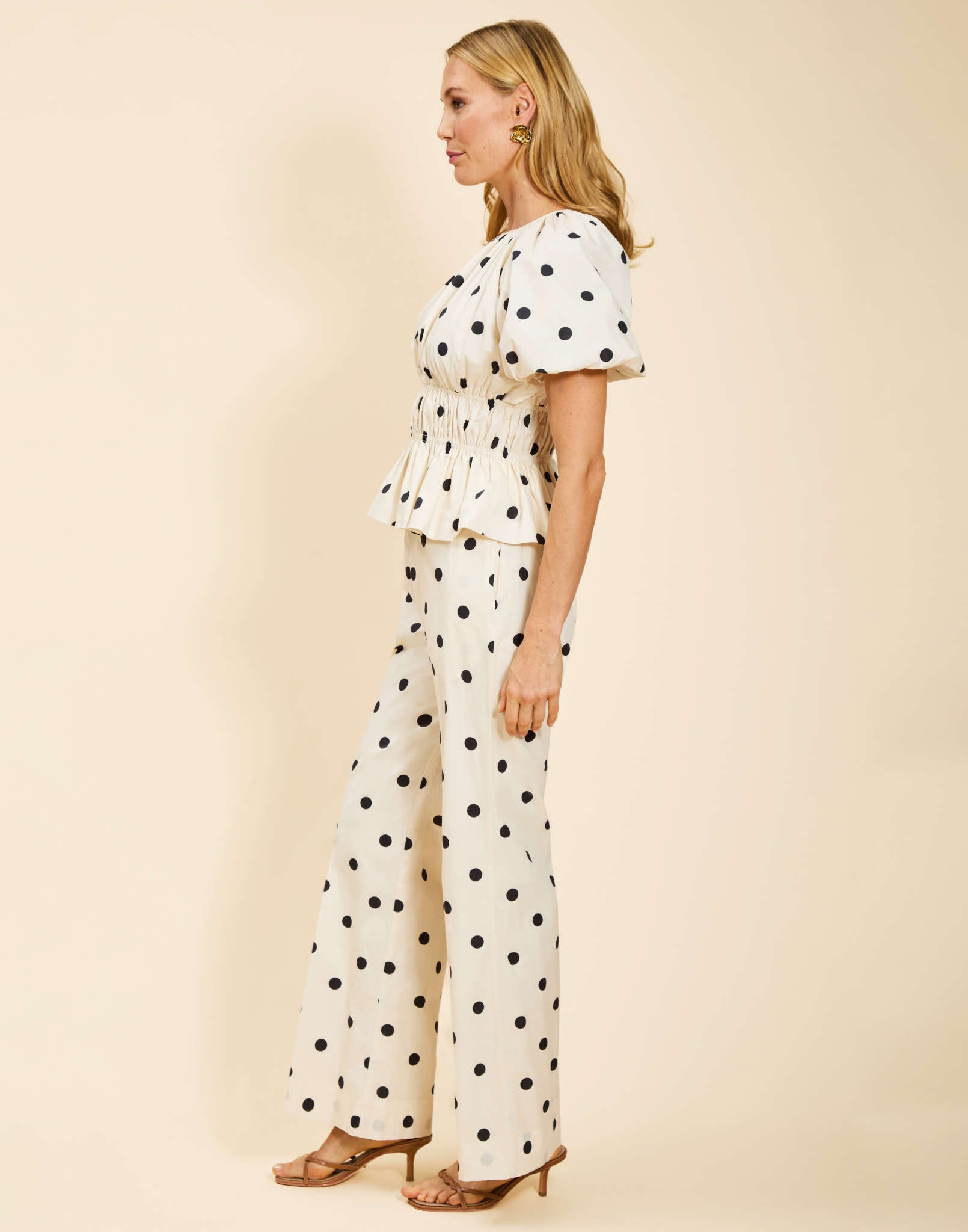 Taylor Pant in Polka Dot poplin with high-waisted fit, modern flare-leg silhouette, front fly zipper, and side pockets.
