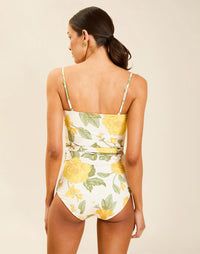 Model wearing Bria Convertible One Piece in Gardenia Lattice with removable belt and adjustable straps.