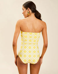 Model wearing Bria Convertible One Piece in Gardenia Lattice with removable belt and adjustable straps.