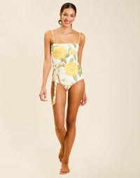 Model wearing Bria Convertible One Piece in Gardenia Lattice with removable belt and adjustable straps.
