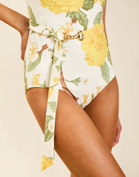 Model wearing Bria Convertible One Piece in Gardenia Lattice with removable belt and adjustable straps.