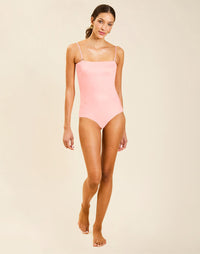 Model wearing Bria Convertible One Piece in Florentine Blush with removable belt and adjustable straps.