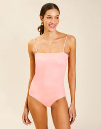 Model wearing Bria Convertible One Piece in Florentine Blush with removable belt and adjustable straps.