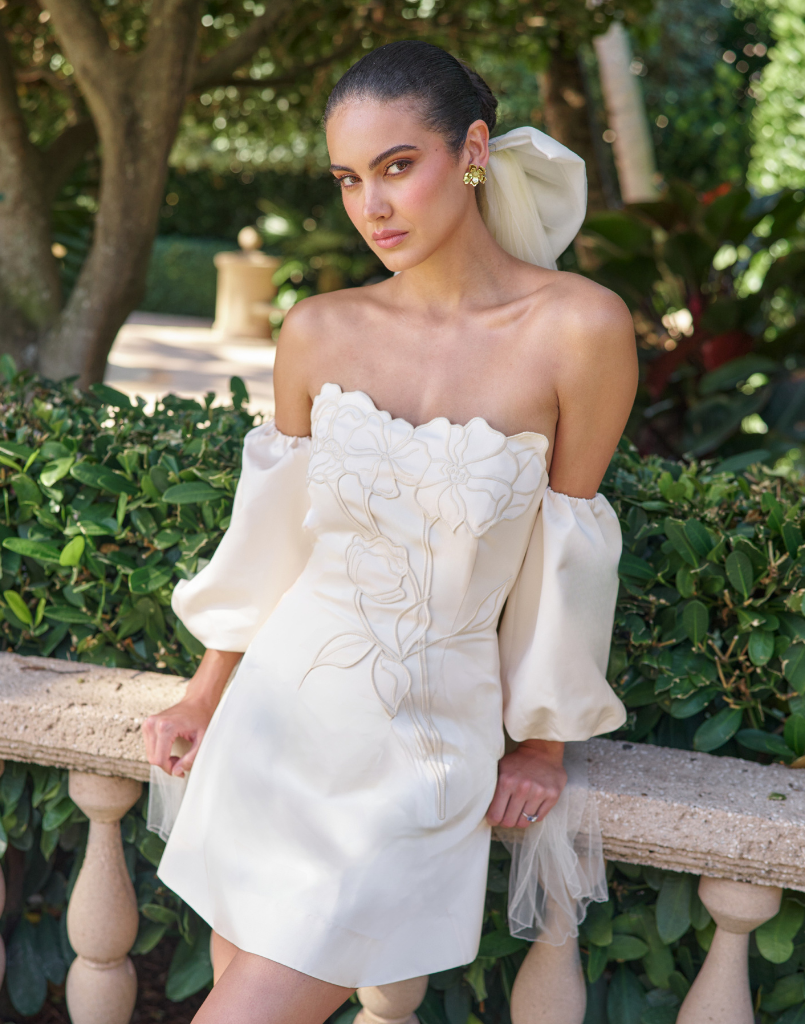 Liezel Convertible Mini Dress in Ivory taffeta with tonal floral embroidery, removable balloon sleeves, and detachable Watteau-style train.