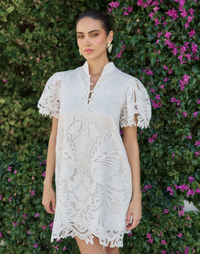 Elliana Lace Mini Dress in Ivory broderie anglaise lace with mandarin collar, pleated puff sleeves, scalloped hem, and shift mini silhouette.