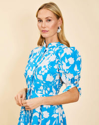 Brooklyn Midi Dress in Huckleberry Blue poplin with mandarin collar, button-front placket, adjustable tie cuffs, and A-line midi skirt.