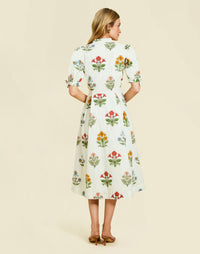 Brooklyn Midi Dress in Verano Meadows cotton poplin with mandarin collar, balloon sleeves, tie cuffs, and a fit-and-flare silhouette.