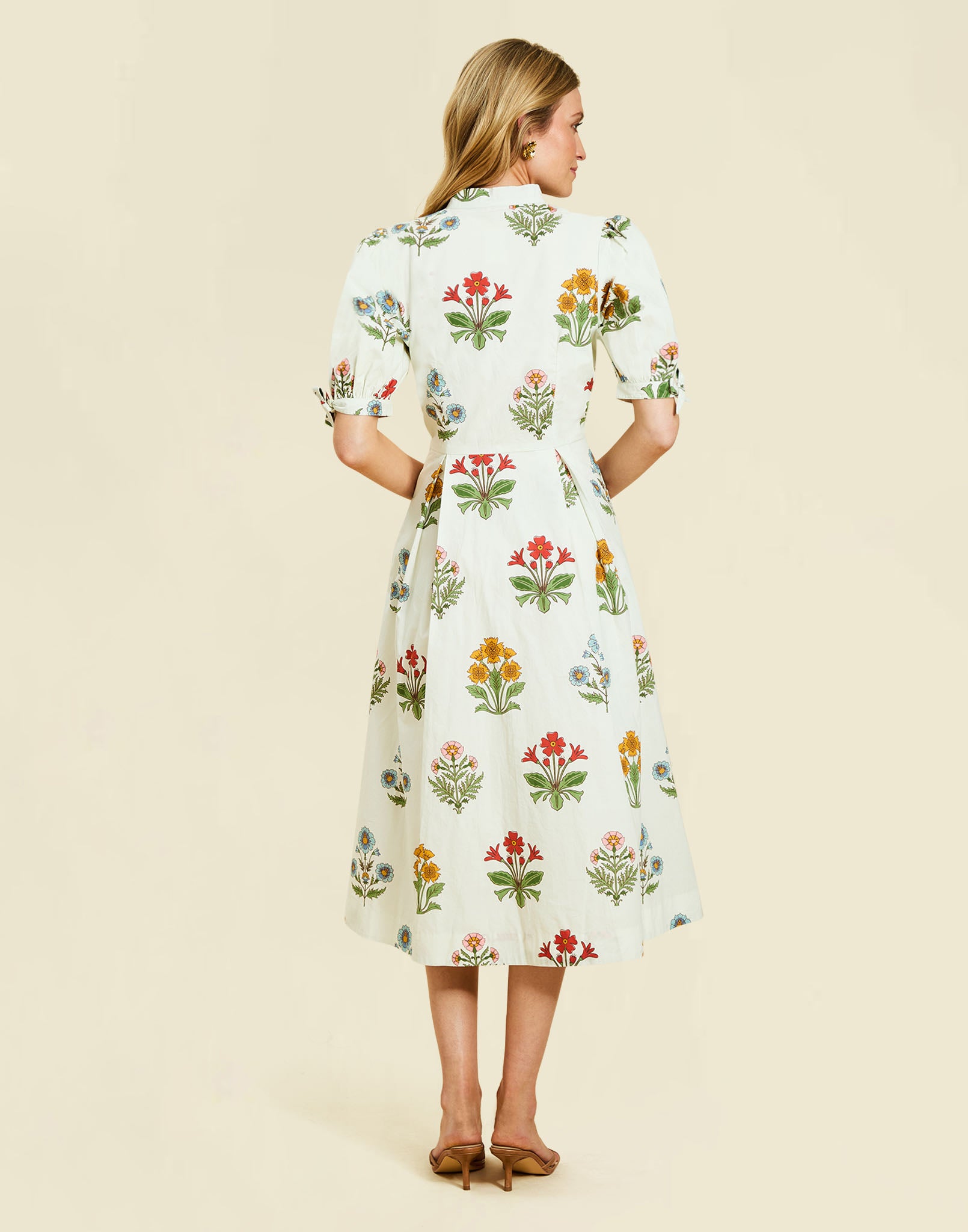 Brooklyn Midi Dress in Verano Meadows cotton poplin with mandarin collar, balloon sleeves, tie cuffs, and a fit-and-flare silhouette.