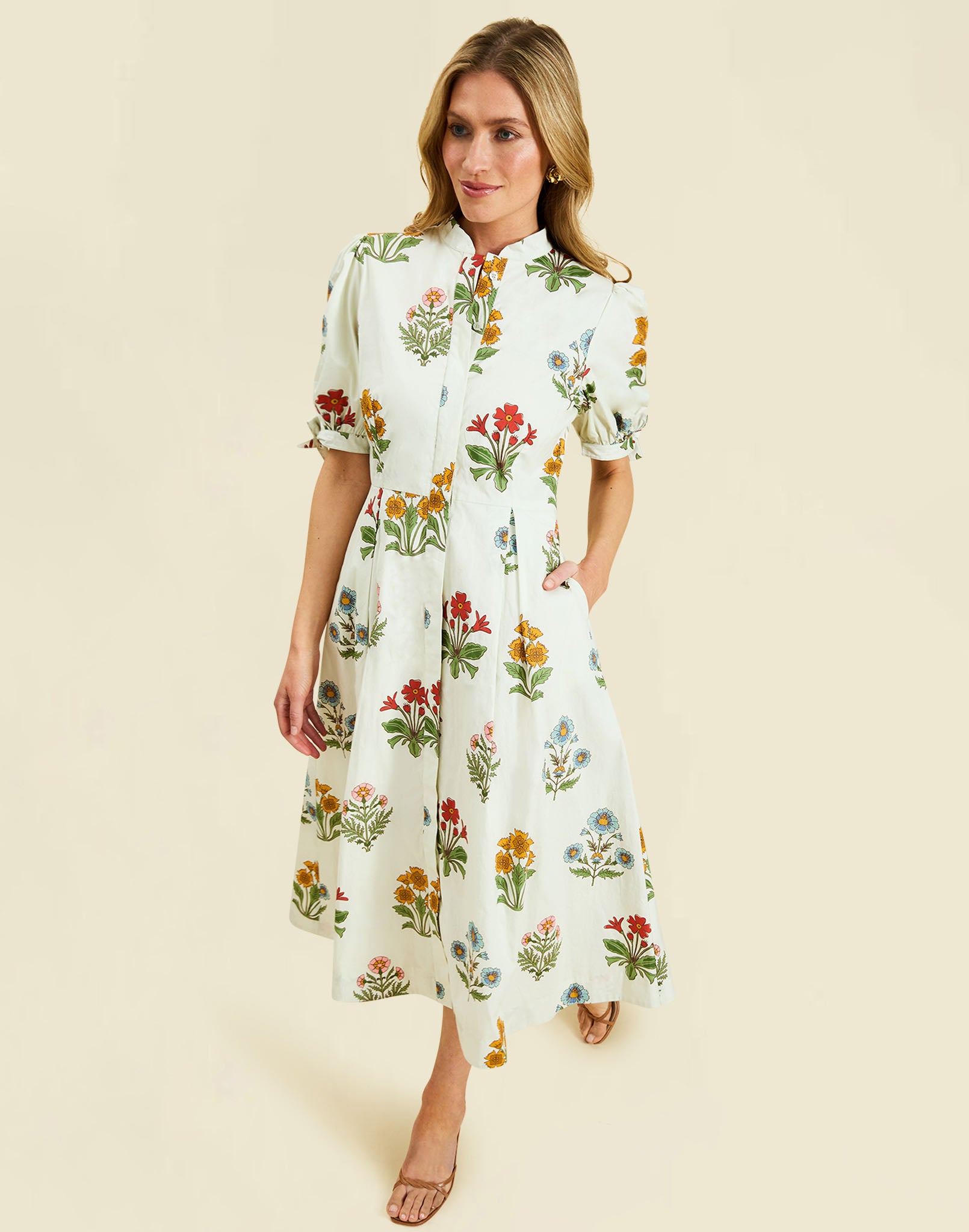 Brooklyn Midi Dress in Verano Meadows cotton poplin with mandarin collar, balloon sleeves, tie cuffs, and a fit-and-flare silhouette.