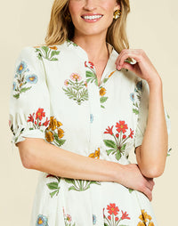 Brooklyn Midi Dress in Verano Meadows cotton poplin with mandarin collar, balloon sleeves, tie cuffs, and a fit-and-flare silhouette.