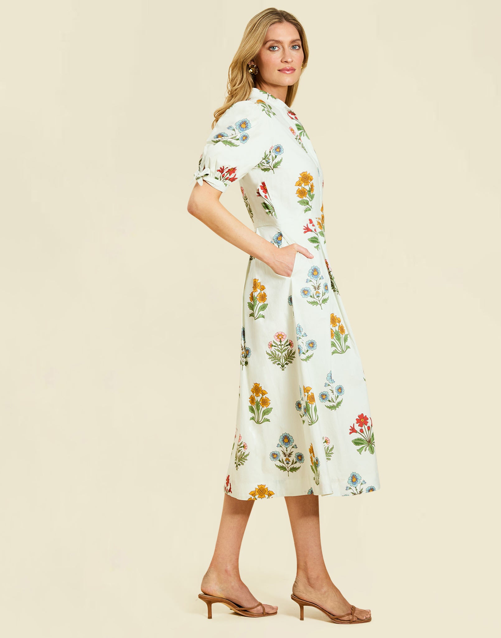 Brooklyn Midi Dress in Verano Meadows cotton poplin with mandarin collar, balloon sleeves, tie cuffs, and a fit-and-flare silhouette.