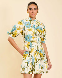 Brooklyn Mini Dress in Verdant Blooms cotton poplin with mandarin collar, concealed button placket, adjustable tie sleeves, and A-line mini skirt.