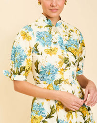 Brooklyn Mini Dress in Verdant Blooms cotton poplin with mandarin collar, concealed button placket, adjustable tie sleeves, and A-line mini skirt.