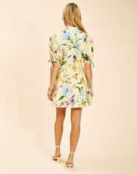 Verdant Blooms cotton poplin mini dress with mandarin collar, fitted waist, A-line skirt, and elbow-length tie sleeves.