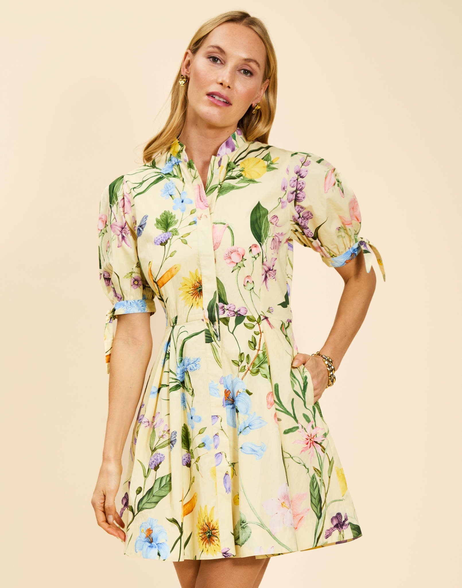 Verdant Blooms cotton poplin mini dress with mandarin collar, fitted waist, A-line skirt, and elbow-length tie sleeves.