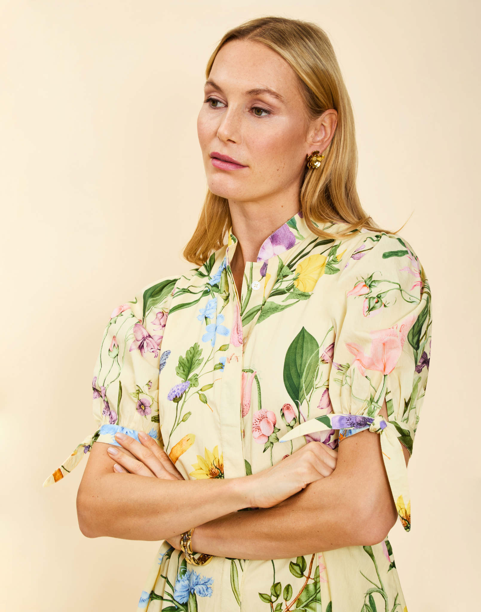 Verdant Blooms cotton poplin mini dress with mandarin collar, fitted waist, A-line skirt, and elbow-length tie sleeves.