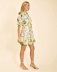 Verdant Blooms cotton poplin mini dress with mandarin collar, fitted waist, A-line skirt, and elbow-length tie sleeves.