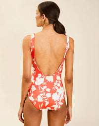 Model wearing Camille Convertible One Piece with scoop neckline and deep scoop back.