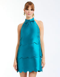 Cannes Convertible Mini Dress in Celestial Blue front – tiered scalloped cocktail dress with halter bow neckline, versatile Convertible™ style by Mestiza New York.