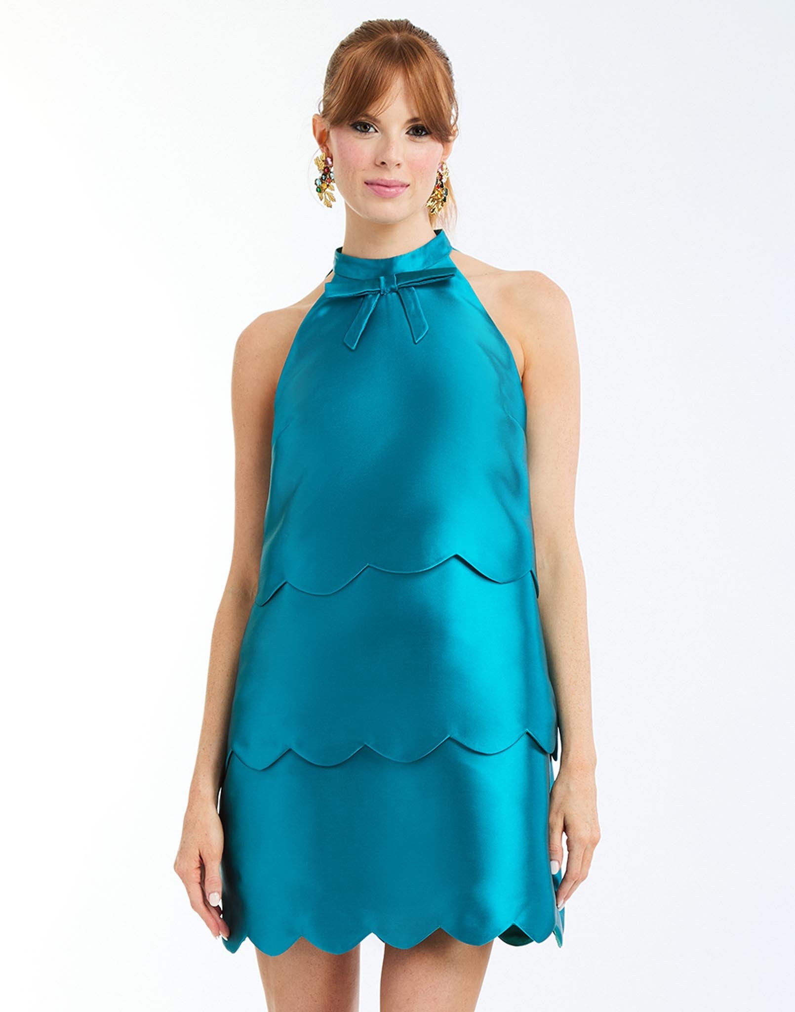 Cannes Convertible Mini Dress in Celestial Blue front – tiered scalloped cocktail dress with halter bow neckline, versatile Convertible™ style by Mestiza New York.