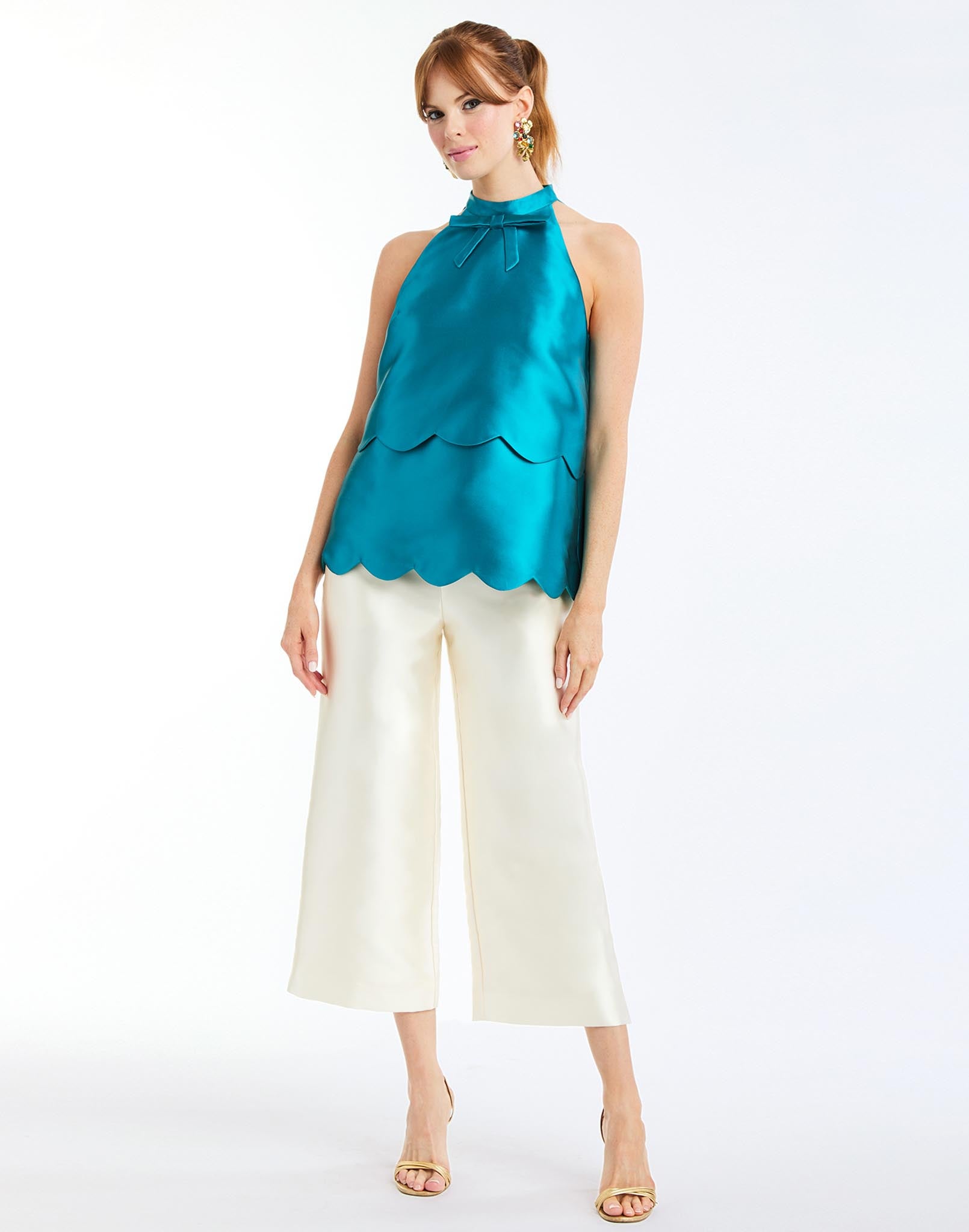 Cannes Convertible Mini Dress in Celestial Blue front layer 2 – tiered scalloped cocktail dress with halter bow neckline, versatile Convertible™ style by Mestiza New York.