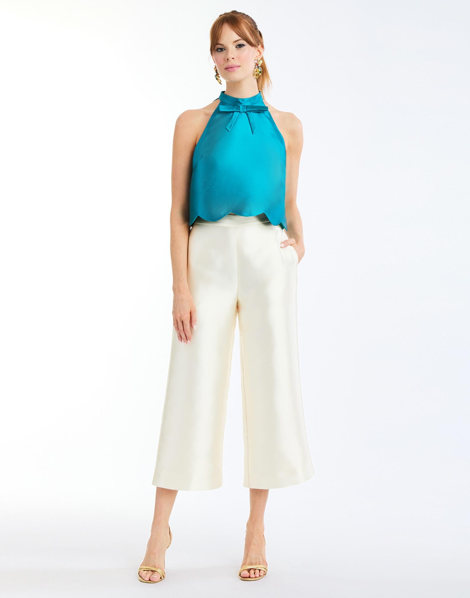 Cannes Convertible Mini Dress in Celestial Blue front crop – tiered scalloped cocktail dress with halter bow neckline, versatile Convertible™ style by Mestiza New York.