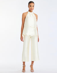 Cannes Convertible™ Mini Dress in Ivory full body – cocktail mini dress with scalloped tiers, halter bow neckline, and convertible cropped top styling by Mestiza New York.