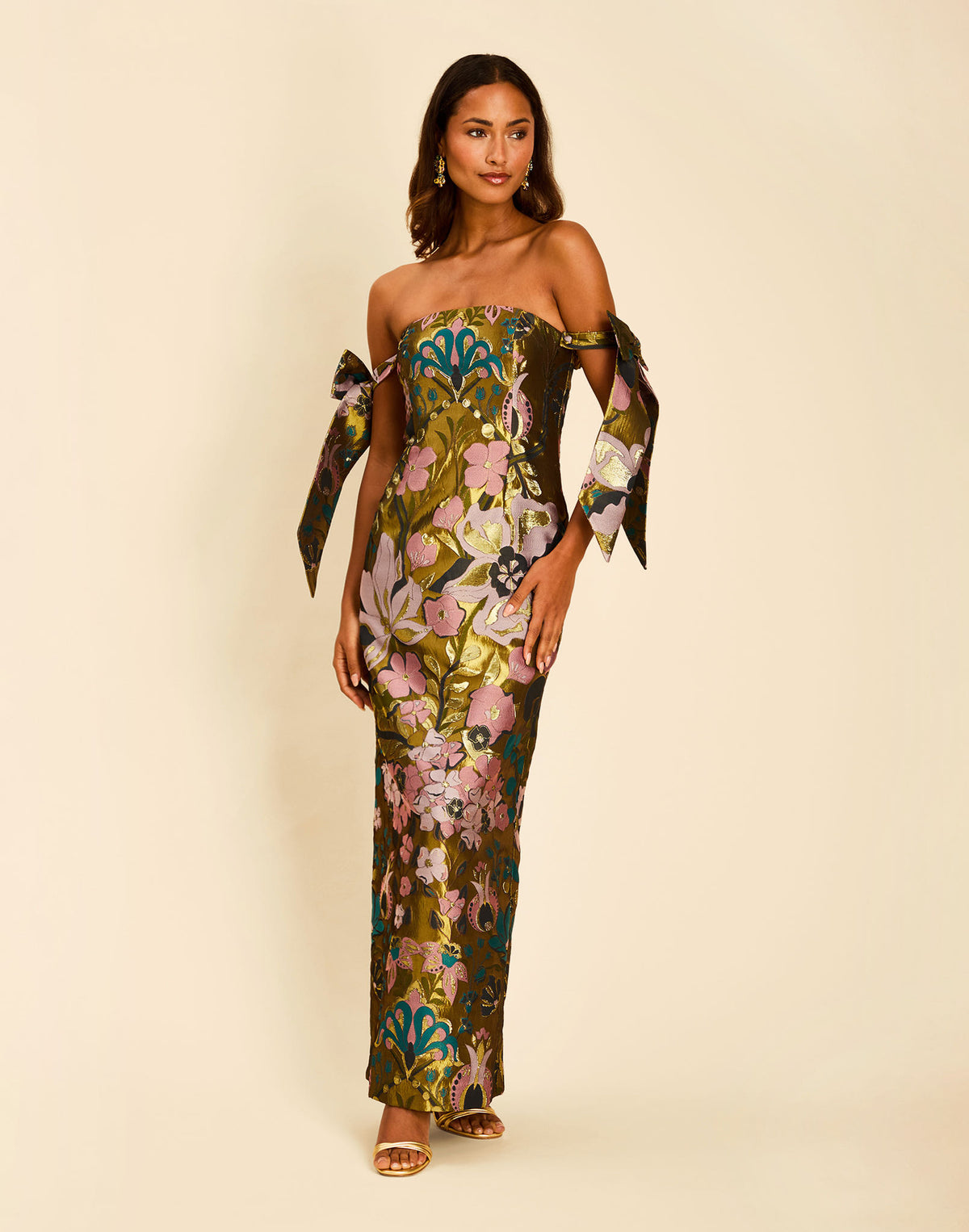 Capri Convertible Gown in Fleur Baroque with off-the-shoulder bow sleeves, straight-across neckline, and column skirt