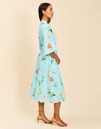 Carmen Midi Dress in Garden Waltz linen with mandarin collar, butterfly sleeves, bow waist detail, and fit-and-flare silhouette.