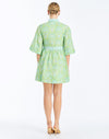 Back - Carmen Mini Dress in Trellis Verte is a printed linen mini with mandarin collar, butterfly sleeves, and waist bow.