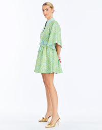 Side - Carmen Mini Dress in Trellis Verte is a printed linen mini with mandarin collar, butterfly sleeves, and waist bow.