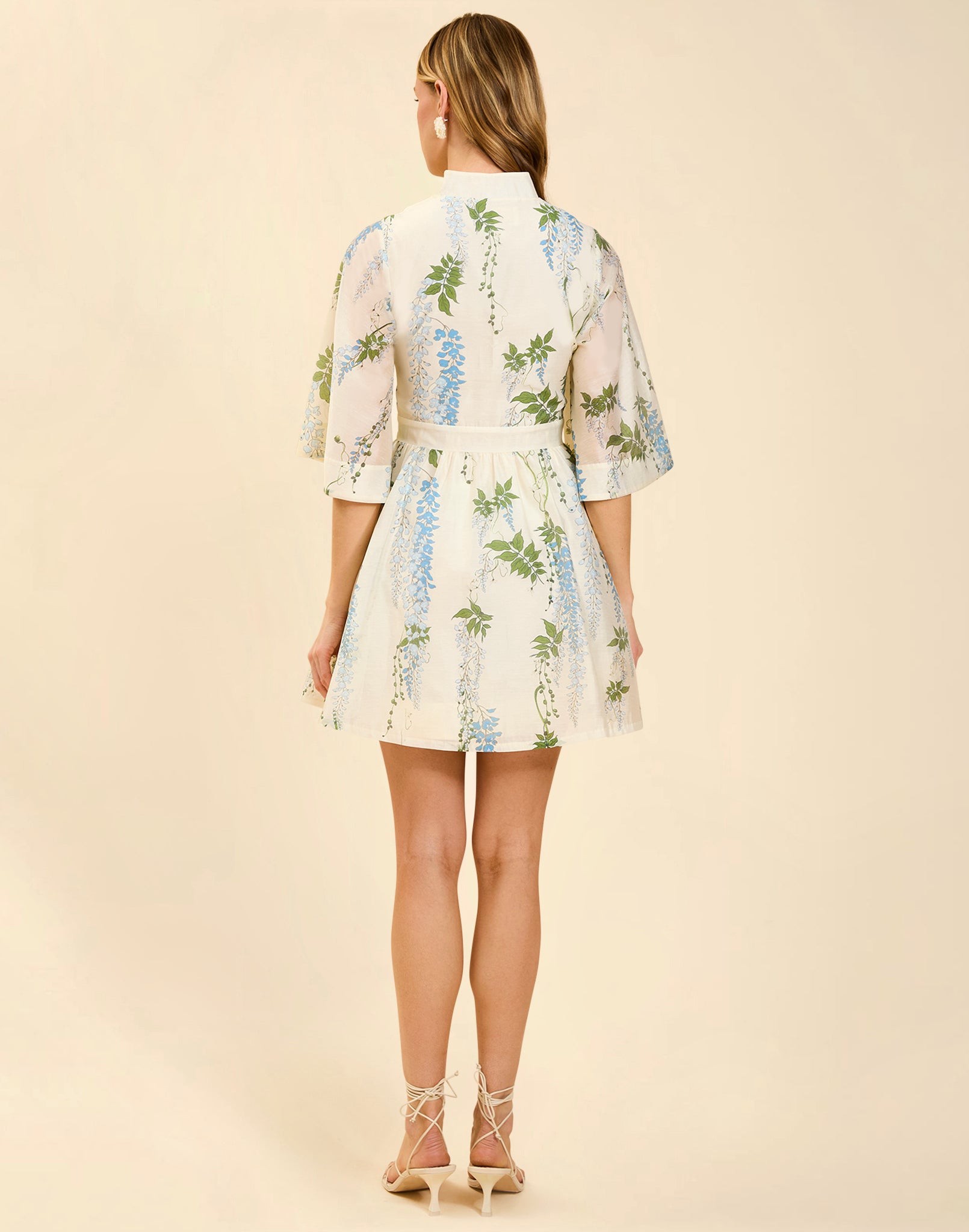 Carmen Mini Dress in Wisteria Toile featuring mandarin collar, butterfly sleeves, bow waist detail, and fit-and-flare mini silhouette.