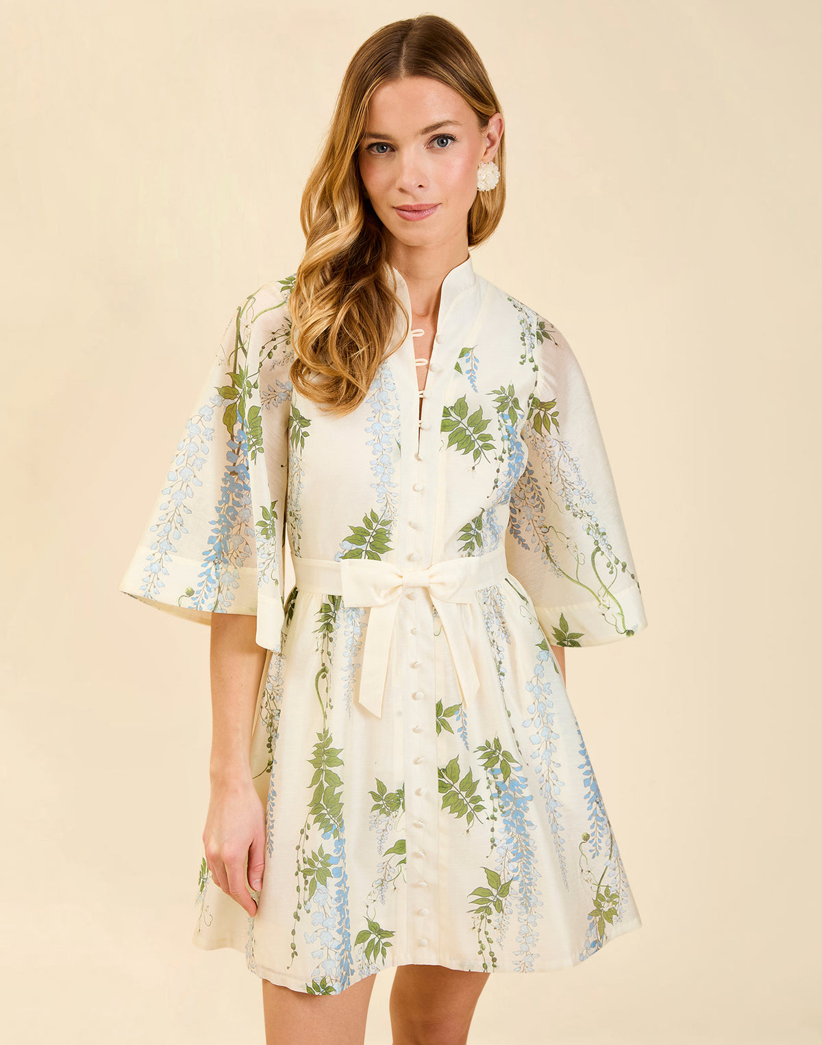 Carmen Mini Dress in Wisteria Toile featuring mandarin collar, butterfly sleeves, bow waist detail, and fit-and-flare mini silhouette.