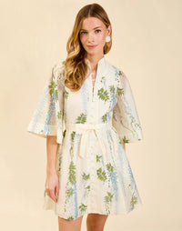 Carmen Mini Dress in Wisteria Toile featuring mandarin collar, butterfly sleeves, bow waist detail, and fit-and-flare mini silhouette.