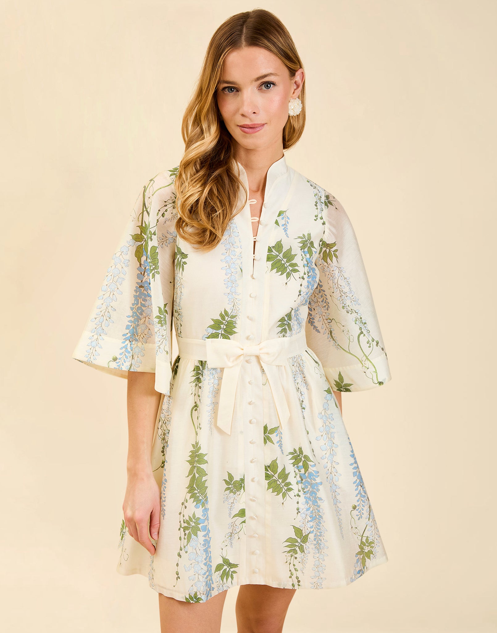 Carmen Mini Dress in Wisteria Toile featuring mandarin collar, butterfly sleeves, bow waist detail, and fit-and-flare mini silhouette.
