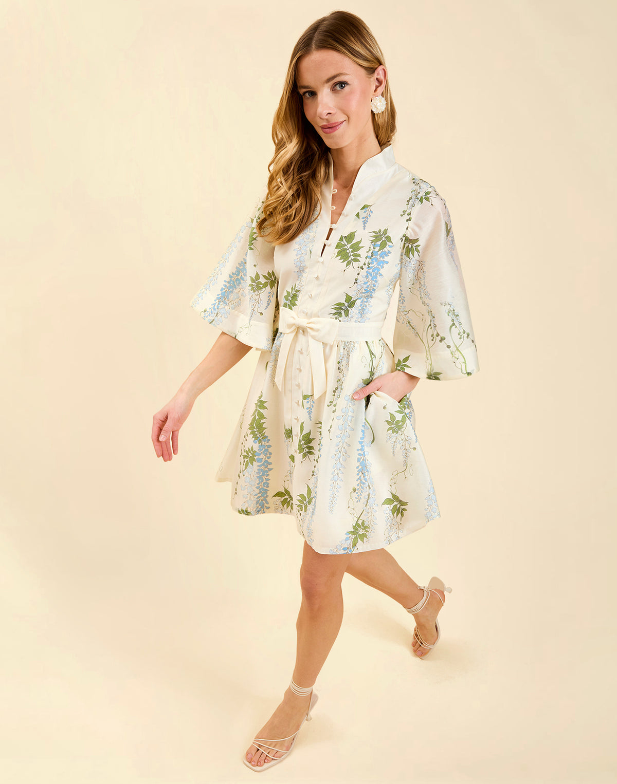Carmen Mini Dress in Wisteria Toile featuring mandarin collar, butterfly sleeves, bow waist detail, and fit-and-flare mini silhouette.