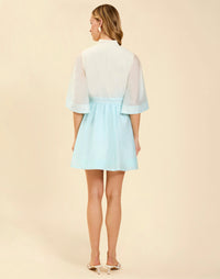 Carmen Mini Dress in Powder Ombré linen organza with mandarin collar, butterfly sleeves, bow waist detail, and fit-and-flare mini silhouette.
